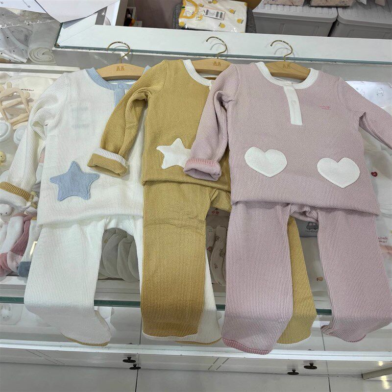 韩国童装 25春新款儿童宝宝纯棉家居服套装 可爱纯色秋衣内衣睡衣
