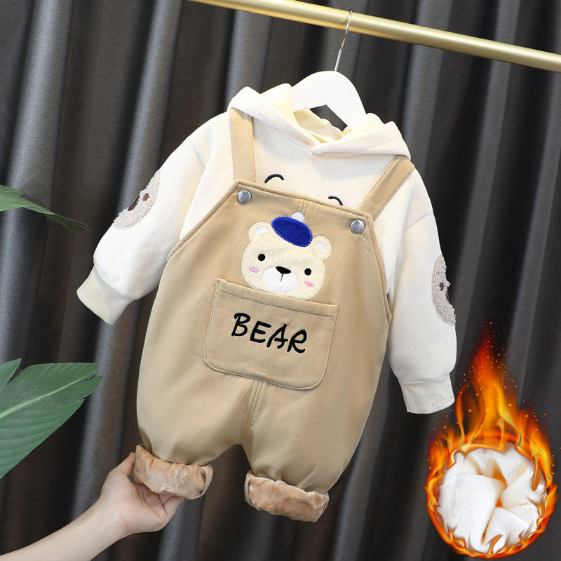加绒男童冬装2024新款帅气儿童衣服冬季1一4岁宝宝背带裤套装秋冬