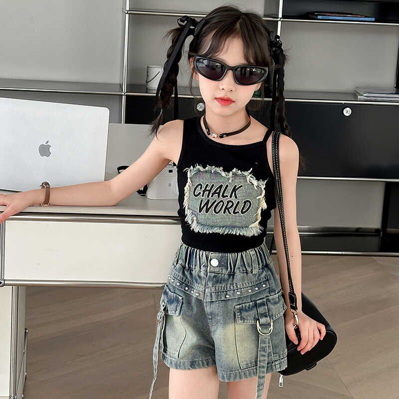 港风辣妹牛仔短裤套装复古不规则短款背心女童两件套夏装潮时髦潮