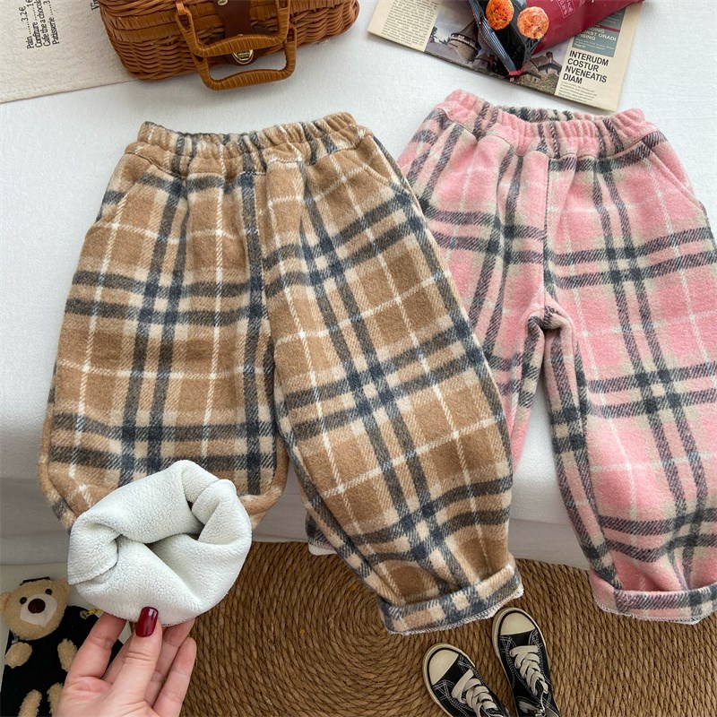 女童裤子秋冬款2024新款宝宝洋气毛呢裤加厚格子裤加绒长裤潮