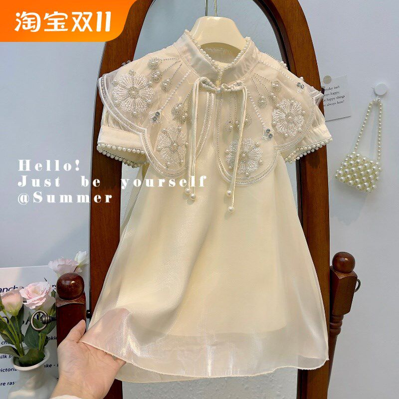 女童夏装中国风汉服唐装民族风童装中小童女童小披肩旗袍连衣裙白