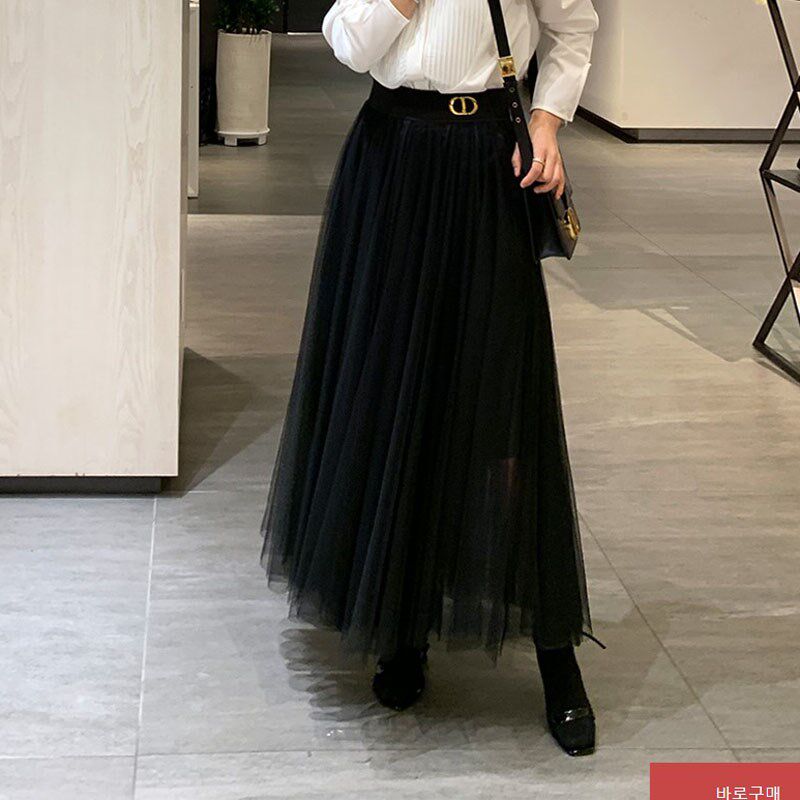 高腰网纱半身裙女大码a字纱裙2024春秋新款中长裙纯色显瘦百褶裙