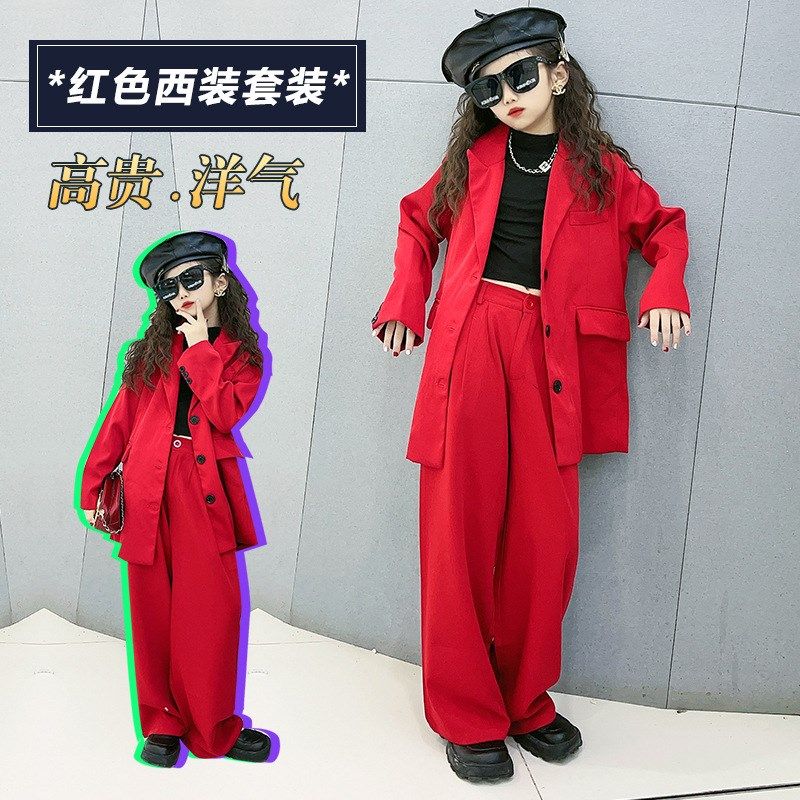女童洋气西装2025年春秋新红色套装炸街中小儿童棉袄凡妈韩国童装