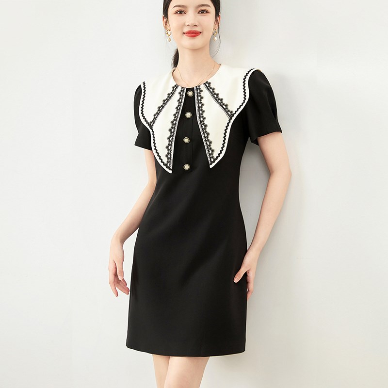 夏季时尚减龄撞色蕾丝边大翻领中长款修身显瘦小个子A字连衣裙女