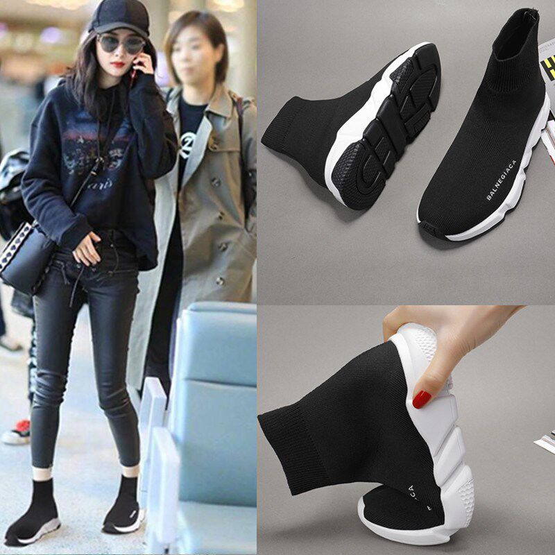 弹力袜子鞋女高帮秋季新款厚底老爹搭配运动增高一脚蹬休闲男款潮