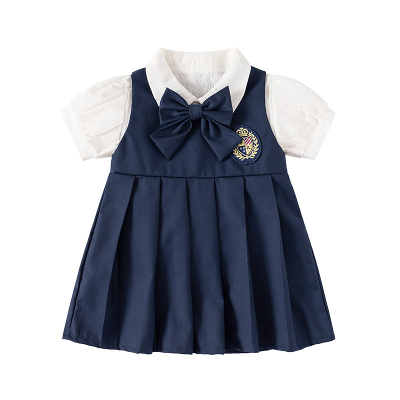 2024新款女童夏季连衣裙学院风套装领结周岁宝宝蓝色裙子礼服洋气