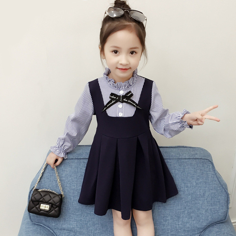 女童条纹连衣裙 2023秋季韩版中小童长袖收腰A字裙小女孩童装裙子
