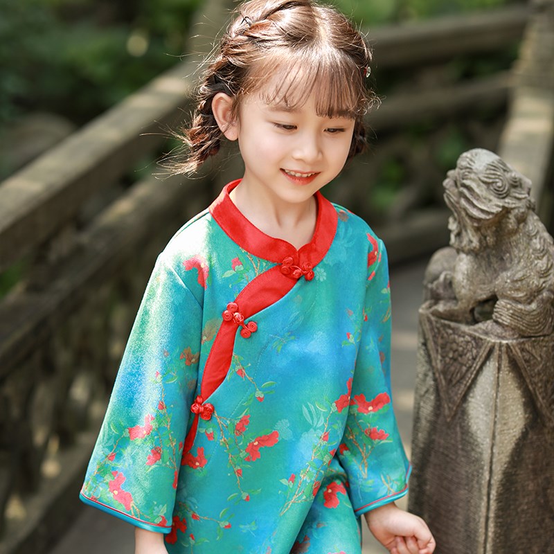 儿童旗袍宝宝新中式连衣裙女童改良汉服春款宽松中长款唐装洋气