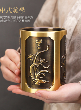 纯铜大号笔筒摆件家居办公室桌面书架书房中式复古创意装饰品摆设