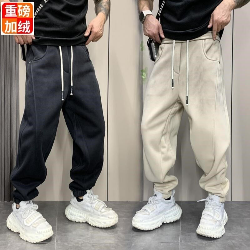 裤子男秋冬季宽松男士运动裤束脚裤青少年针织休闲裤灰色厚款卫裤