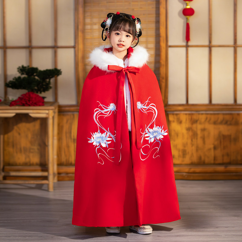 女童披风斗篷秋冬款汉服古装儿童加绒加厚孩小女孩外套红色拜年服