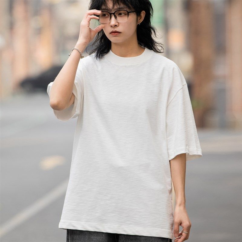 弎狸TIP夏日系复古重磅320g圆领短袖T恤男女宽松百搭休闲内搭体恤