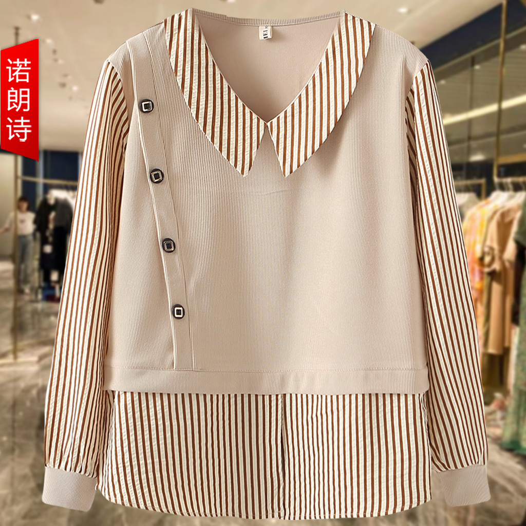胖mm长袖针织衫假两件大码拼接条纹衬衫时尚洋气遮肚子巨显瘦上衣