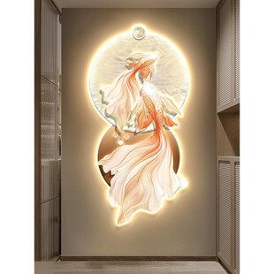 现代轻奢进门入户玄n关发光锦鲤装饰画走廊过道LED灯光画挂画壁画
