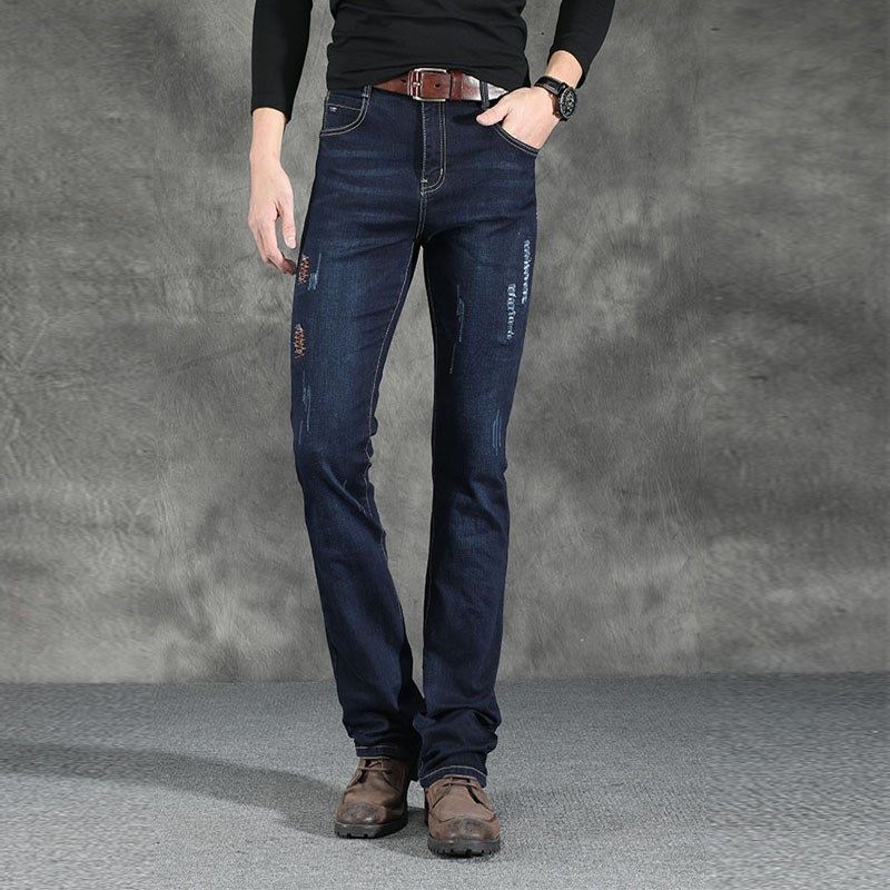 23春秋新款男微喇叭牛仔长裤韩版潮弹力修身男破洞绣花补丁牛仔裤