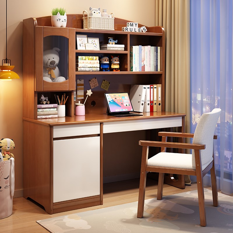 实木书桌书架一体家用r小孩多功能学习桌带书柜卧室高中生写字桌