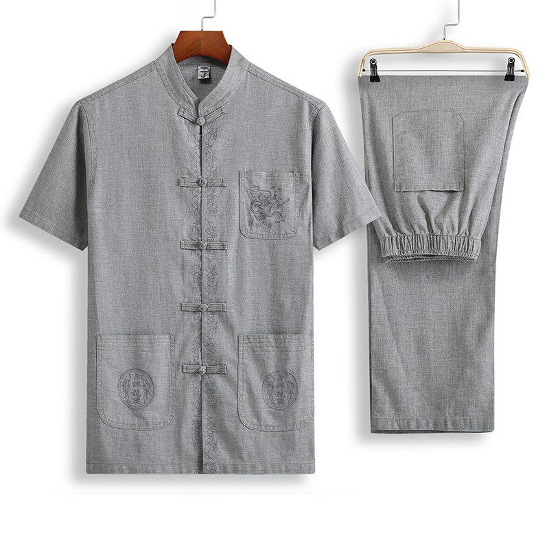 两件套夏装中老年男士亚麻短袖唐装套装中国风休闲爸爸装练功服男
