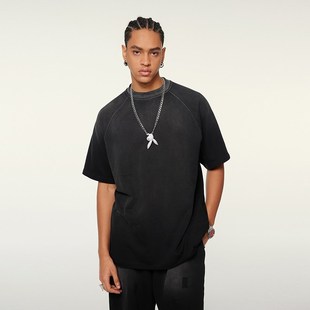 300G重磅渐变水洗做旧T恤男短袖 TEE 潮牌高街复古毛边纯色宽松半袖