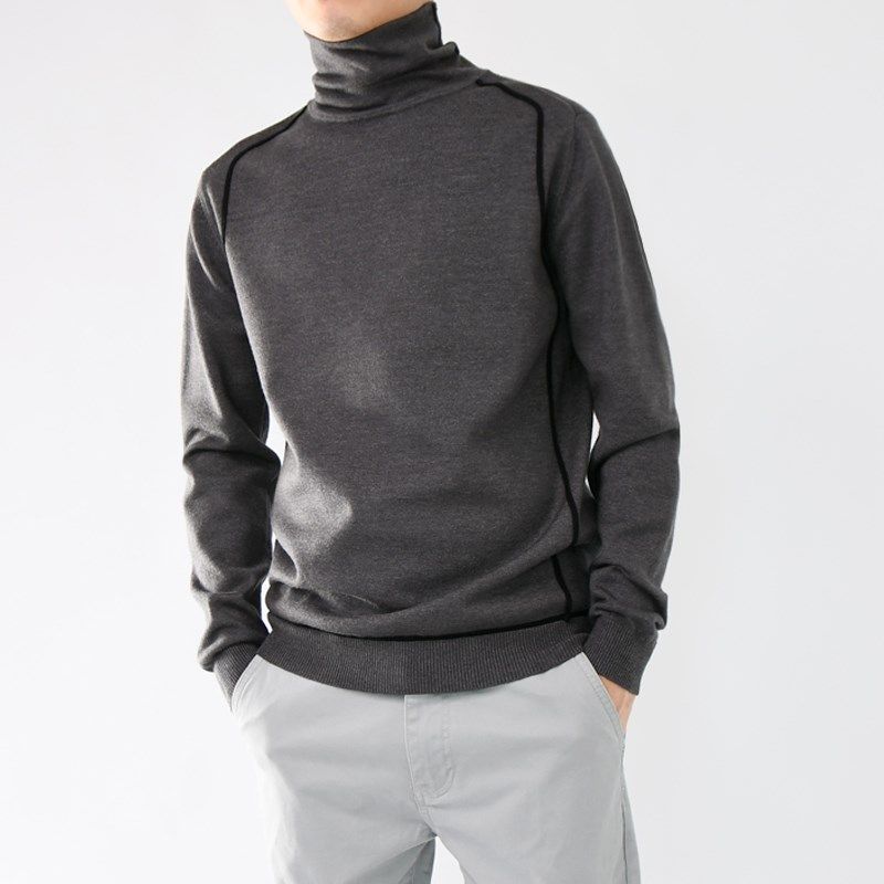 高领毛衣男灰色修身堆堆领针织衫毛衫自由领打底衫秋季新款黑色潮