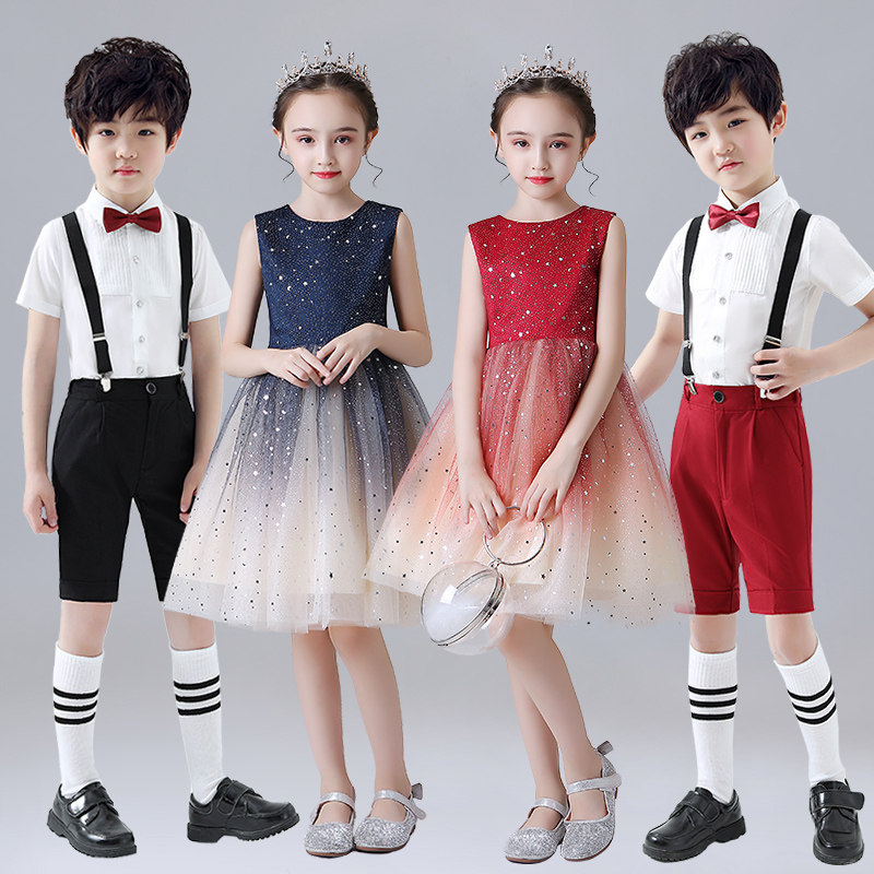儿童合唱演出服小学生女童礼服舞蹈裙男童背带裤朗诵夏季表演服装