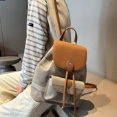 2024新时尚 双肩包女双肩包格纹对比色双肩包真皮与布休闲书包新潮