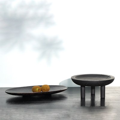 新中式三脚圆形托盘水果盘玄关电视柜长盘黑色收纳盘摆件软装饰品