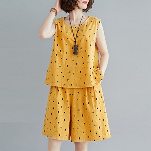 棉绸睡衣女夏季新款休闲妈妈装背心短裤棉麻两件套宽松家居服套装