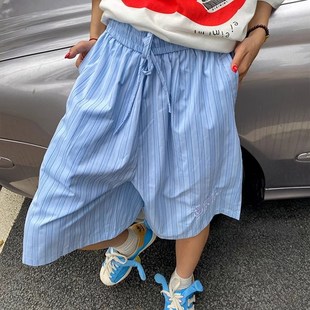 抽绳沙滩宽松阔腿休闲百搭五分裤 日系复古蓝色条纹短裤 男女生夏季