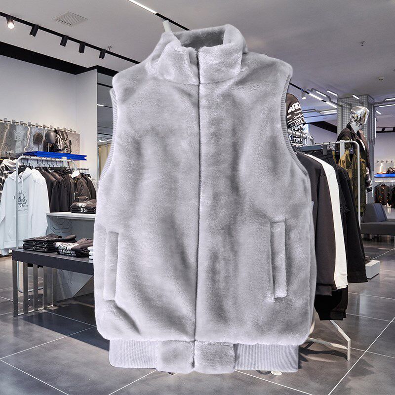 2024年秋冬立领毛绒绒马甲外套男修身无袖棉衣潮流青少年保暖背心