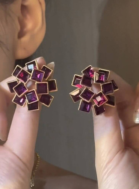 中古风玫红色锆石耳钉女款气质高级感大耳环新款独特夸张欧美耳饰