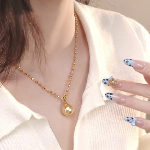 可拆卸香槟金珍珠吊坠项链闪亮球珠锁骨链时尚气质高级感轻奢颈链