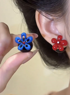 日韩新款红蓝撞色花朵耳钉925银针轻奢高级显白气质耳环百搭耳饰