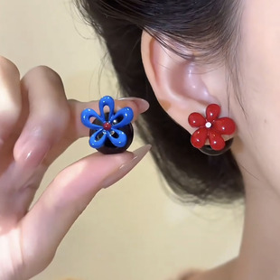 日韩新款红蓝撞色花朵耳钉925银针轻奢高级显白气质耳环百搭耳饰