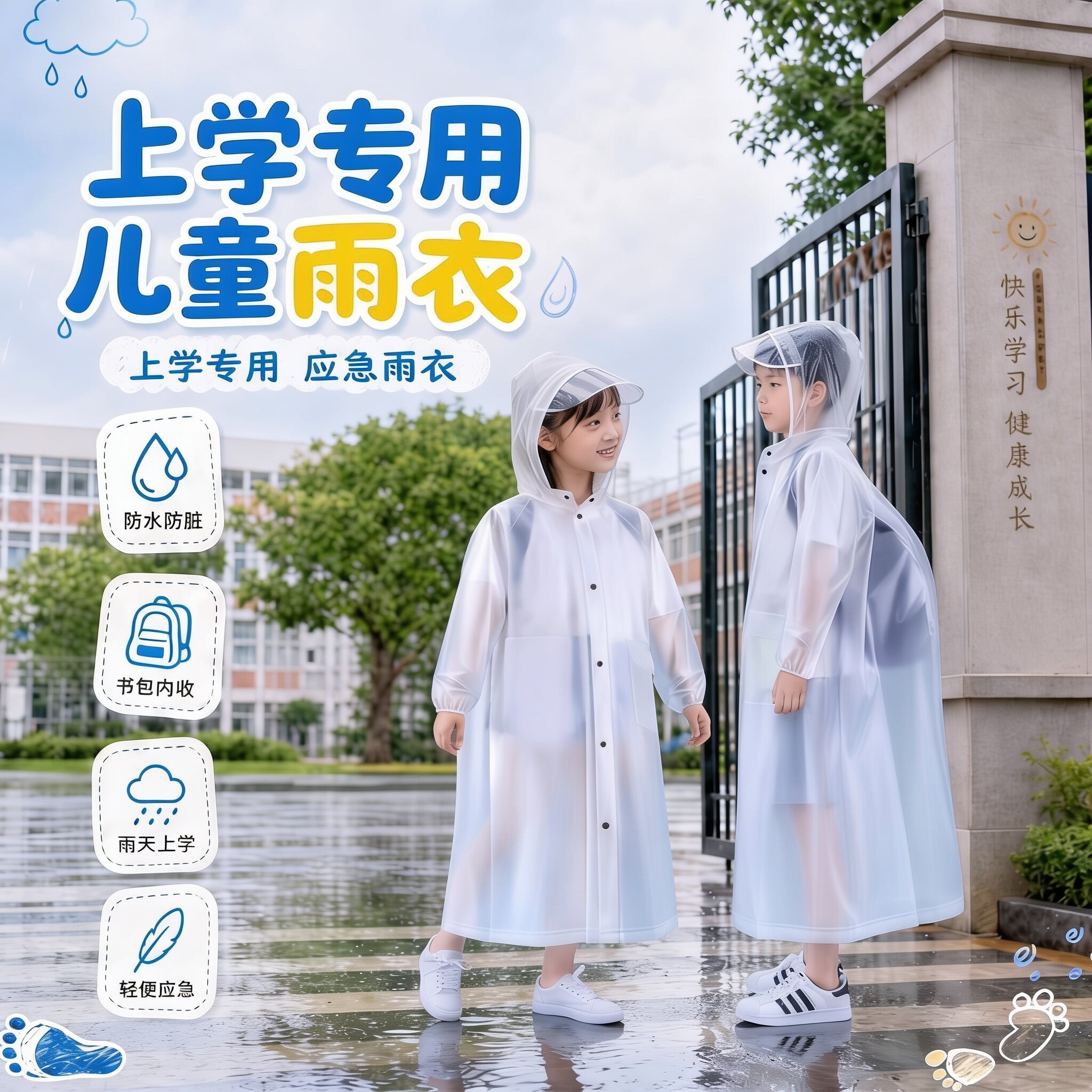 大帽檐莫兰迪儿童一次性雨衣学生上学专用可背书包防暴雨披2026新