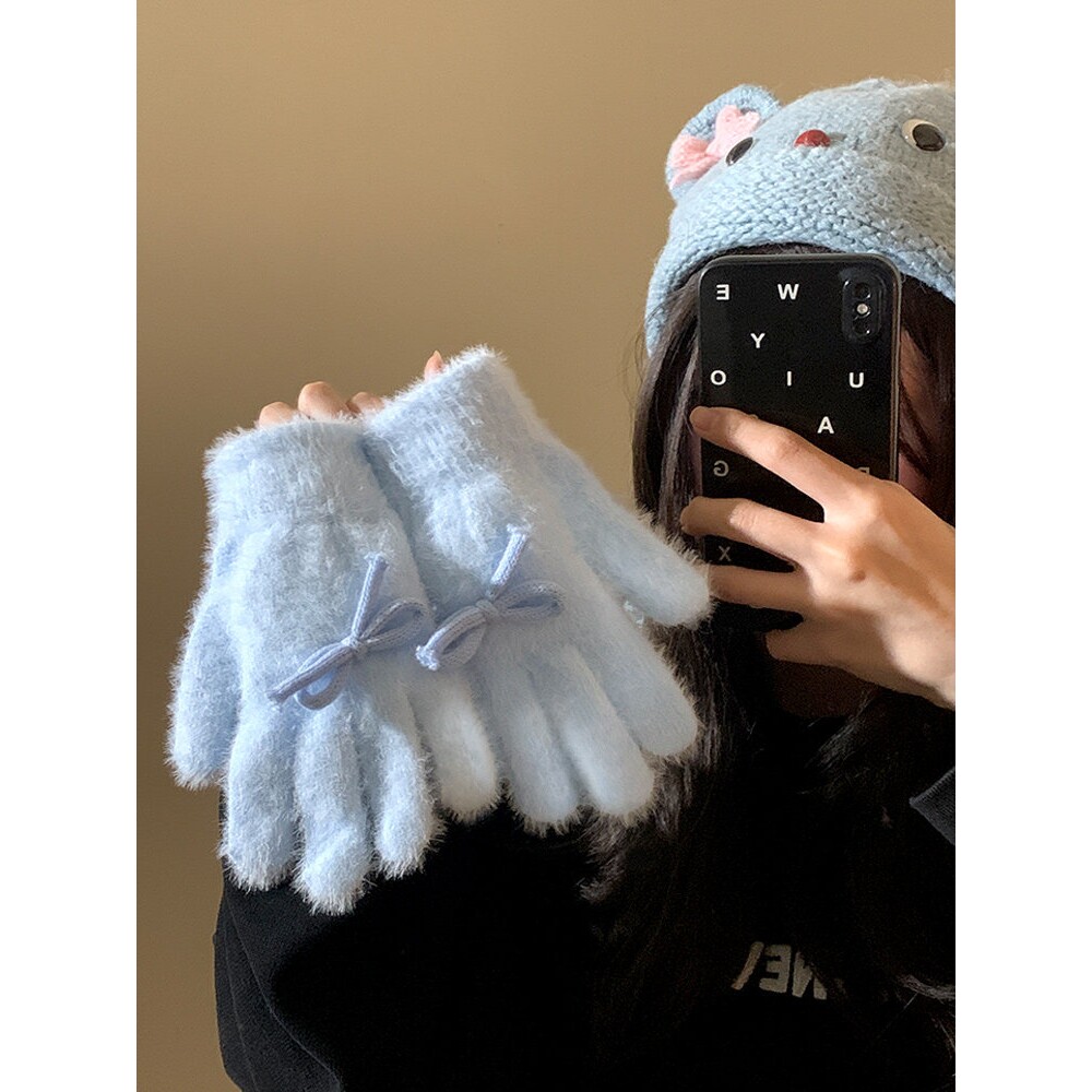 蝴蝶结蓝色针织毛线手套女冬季分指加绒加厚户外骑行保暖防寒学生