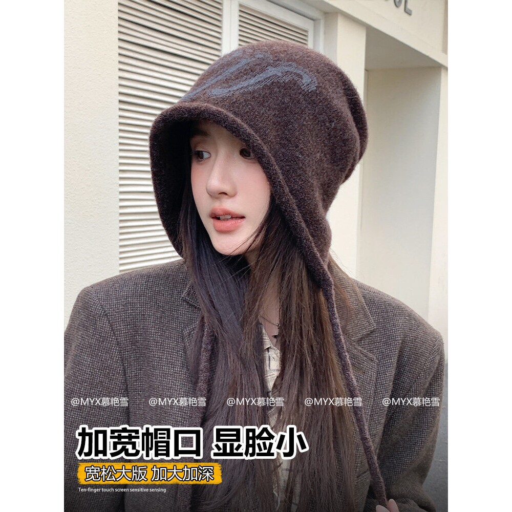 卷边系带针织帽女秋冬巴拉克拉法帽大头围保暖护耳毛线帽包头冷帽