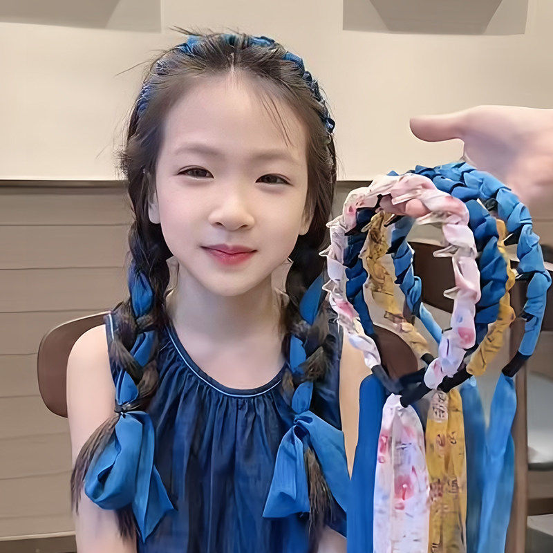 儿童甜美牛仔蓝齿梳发箍飘带碎发神器头箍2025新女童编发神器发饰