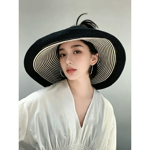 夏季大帽檐条纹防晒草帽女2026新款可折叠海边遮阳帽子百搭空顶帽