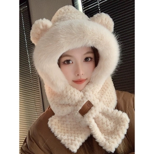 帽子女秋冬季围巾脖一体兔毛绒可爱保暖加绒加厚骑车护耳狐狸耳朵