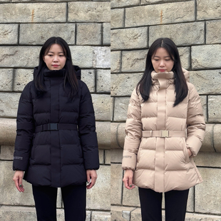 2025新韩国韩版羽绒服女中长款鹅绒连帽腰带款收腰保暖外套冬上衣