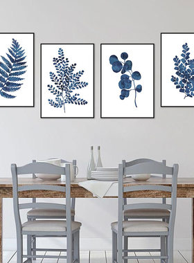现代北欧客厅植物挂画四连叶子装饰画画芯家居植物画加工