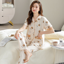 睡衣女款2025新款夏季纯棉短袖长裤套装可外穿休闲大码夏天家居服