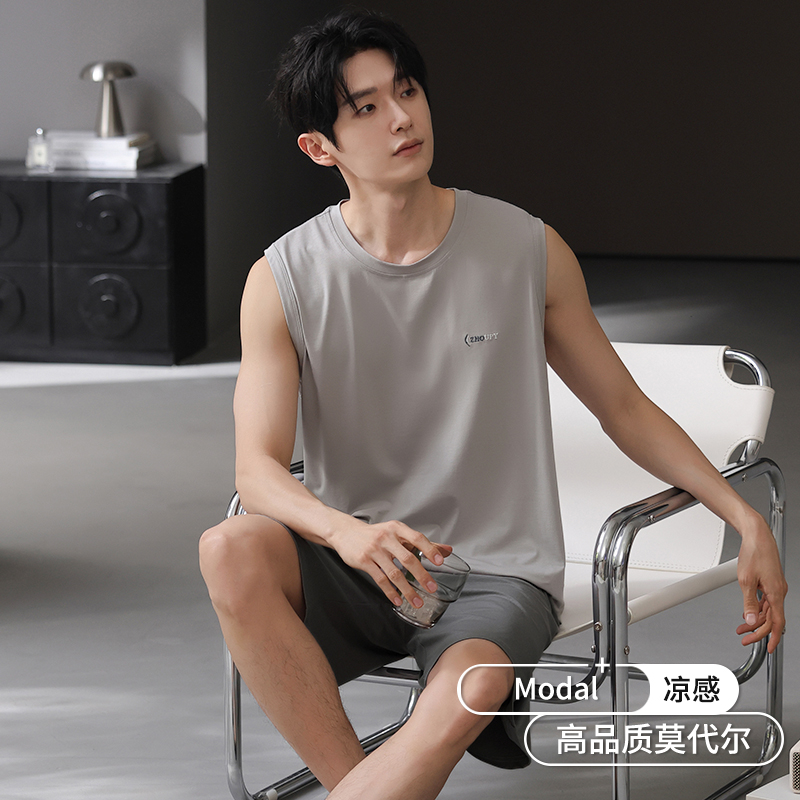 莫代尔睡衣男士夏季背心无袖薄款夏天冰丝凉感休闲宽松家居服套装