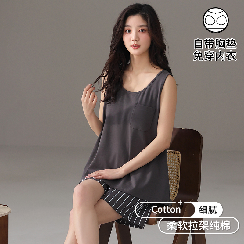 女士睡衣纯棉夏季2025新款带胸垫吊带短裤薄款宽松背心家居服套装