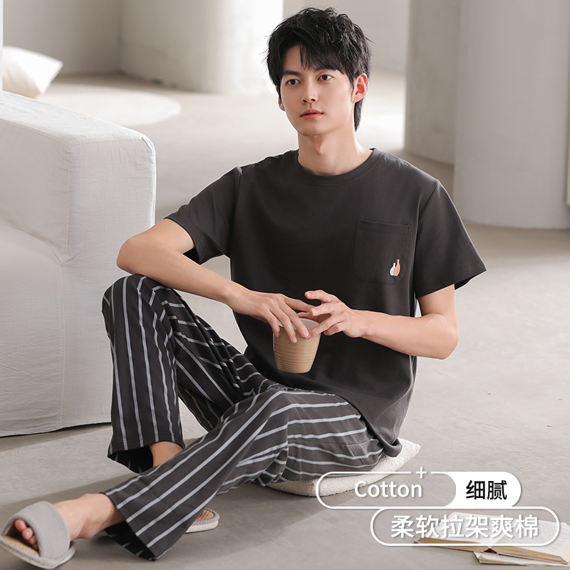 纯棉睡衣男夏季2025新款薄款短袖长裤夏天简约休闲大码家居服套装