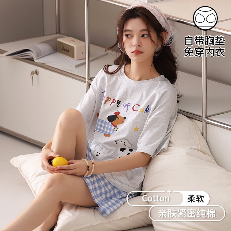 睡衣女款夏季纯棉休闲圆领套装2025新款带胸垫可外穿高级感家居服