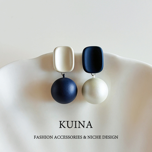 高级感气质蓝色耳环ab款秋冬撞色耳饰法式轻奢珍珠耳坠纯银针耳钉