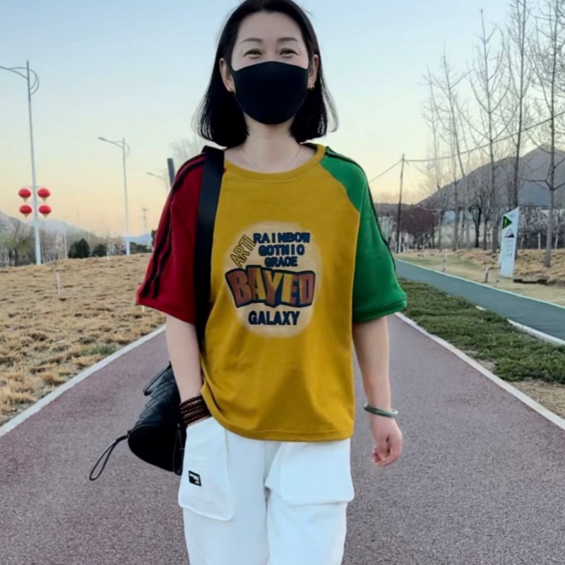 拼接减龄复古圆领上衣宽松T恤