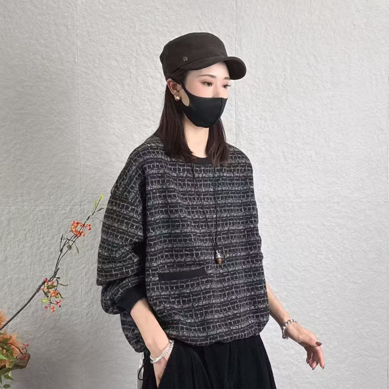 2026秋冬新款加绒加厚宽松显瘦洋气休闲圆领百搭女士底摆抽绳卫衣