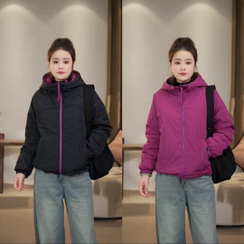 双面穿拼色连帽棉衣外套棉服女